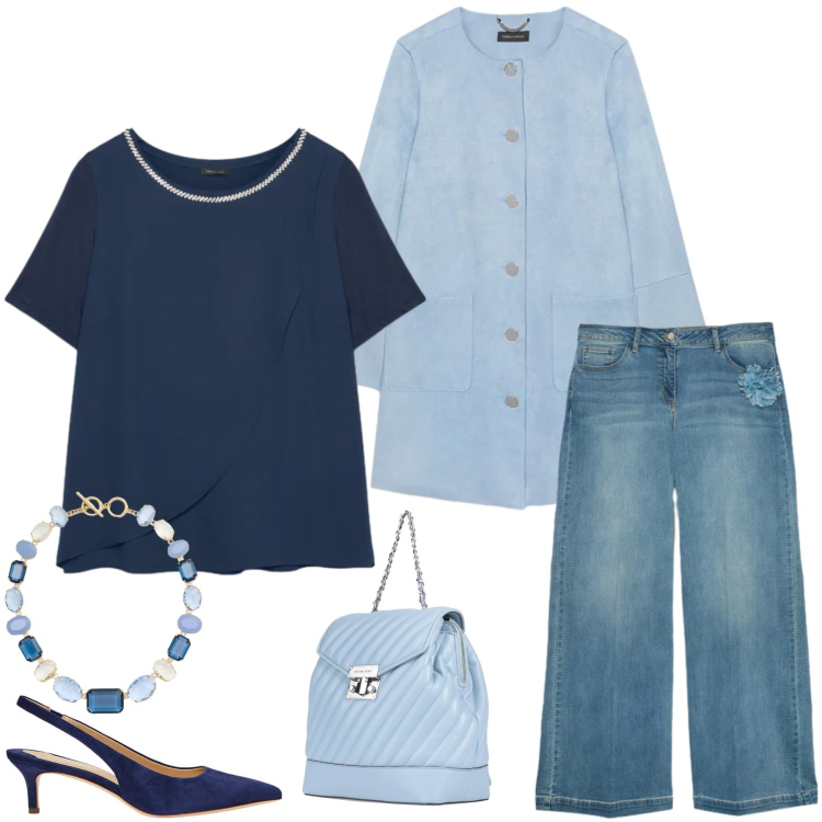 Outfit donna - Eleganza in Sfumature di Blu. Stile Casual chic per Tutti i giorni. Abbinamento con zaini, jeans, cappotti, t-shirt, décolleté, collane.