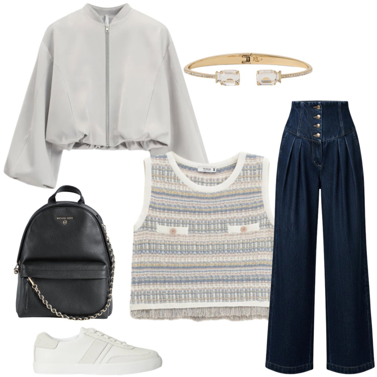 Outfit donna - Eleganza Urbana. Stile Casual chic per Tutti i giorni. Abbinamento con zaini, top, bomber, jeans, braccialetti, sneakers.
