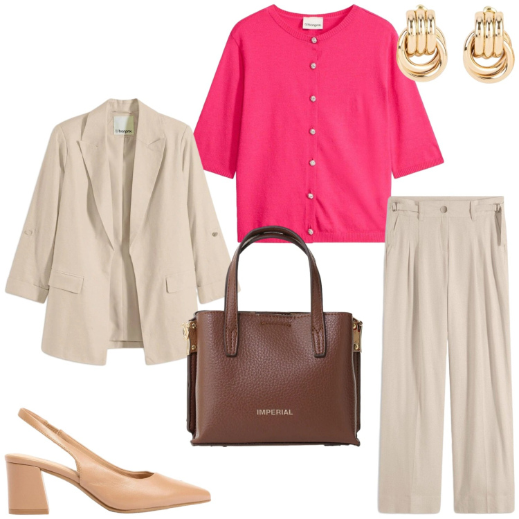 Outfit donna - Il completo di primavera. Stile Glamour per Ufficio. Abbinamento con pantaloni a palazzo, cardigans, blazer, orecchini, décolleté, borse a tracolla.