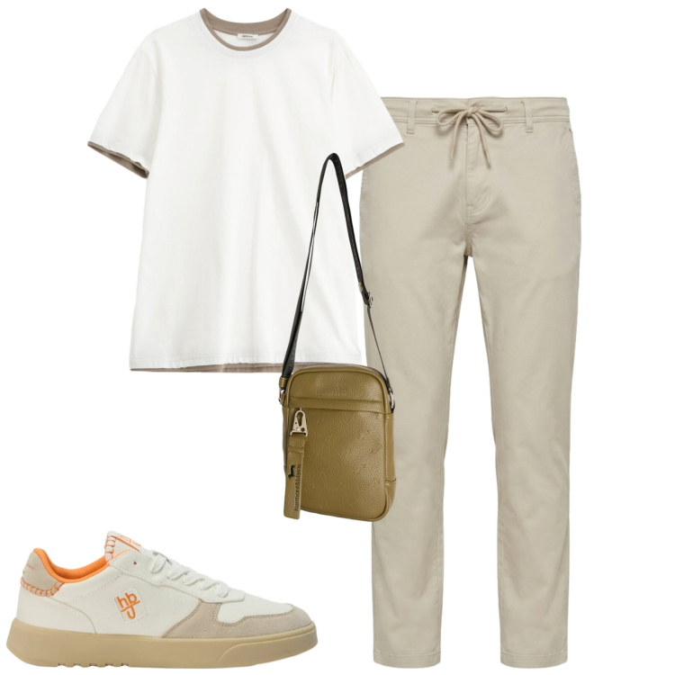 Outfit uomo - Aprile. Stile Casual per Tutti i giorni. Abbinamento con borse sportive, sneakers, pantaloni, t-shirt.