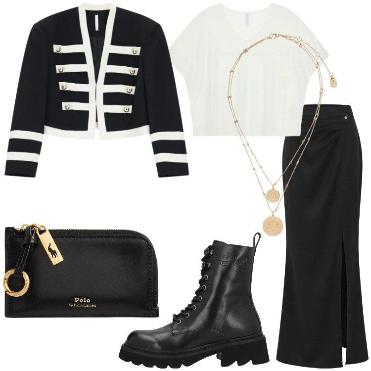 Outfit donna - Giacca Stile Napoleone - @pamela. Stile Urban per Serata fuori. Abbinamento con stivaletti, blazer, top, gonne lunghe, ciondoli, portafogli.