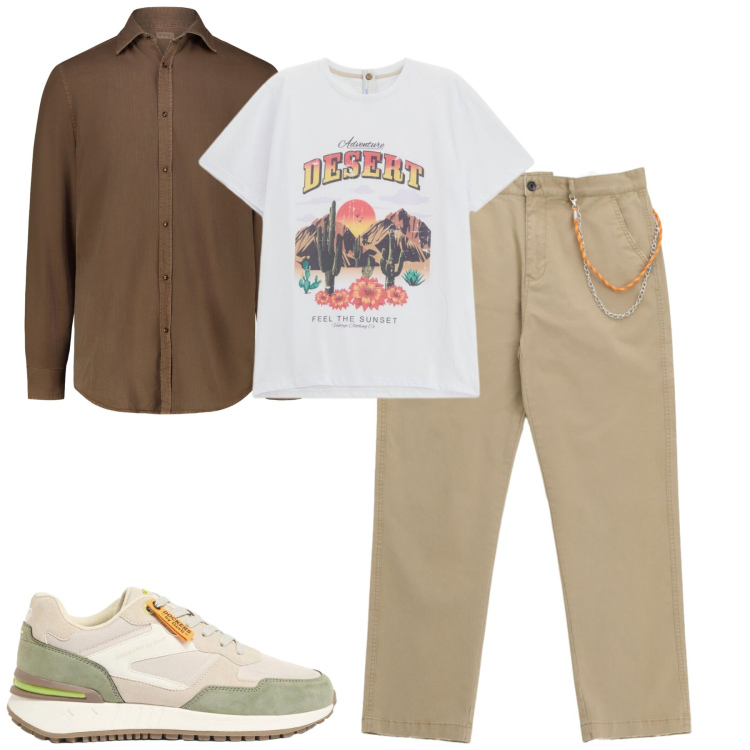 Outfit uomo - Aprile. Stile Casual per Tutti i giorni. Abbinamento con sneakers, pantaloni, t-shirt, camicie.