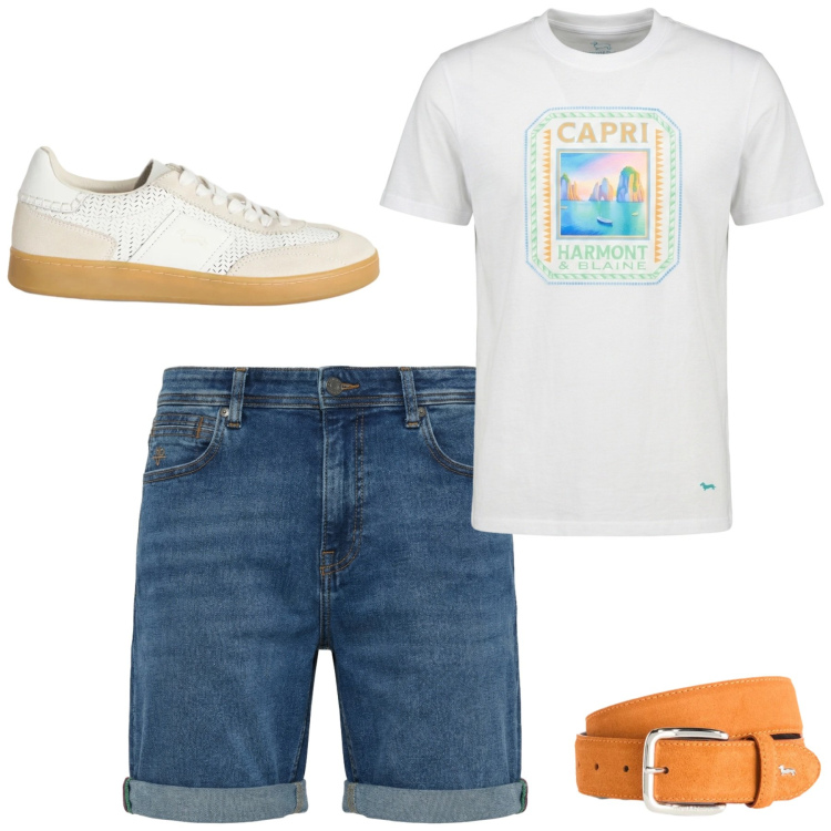 Outfit uomo - Postcard Harmont & Blaine. Stile Trendy per Mare. Abbinamento con cinture, t-shirt, sneakers, bermuda.