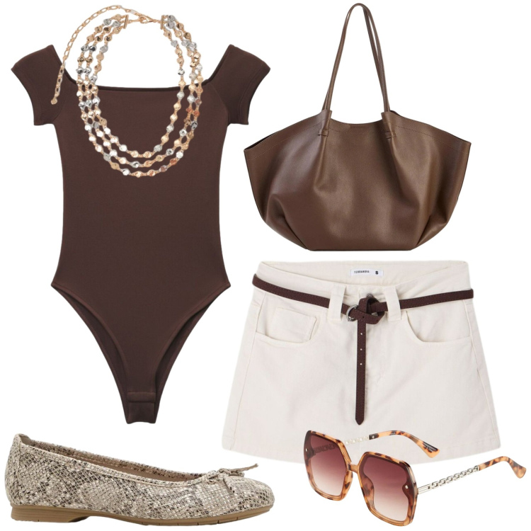 Outfit donna - Total look #2382700. Stile Minimal per Mare. Abbinamento con occhiali da sole, ballerine, shopping bag, top, minigonne, collane.