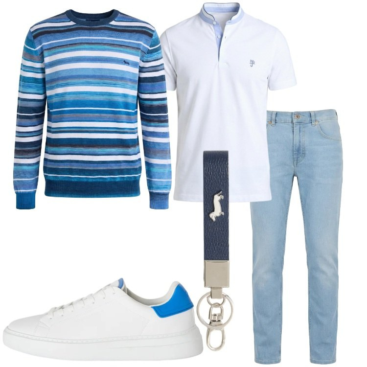 Outfit uomo - Denim di stagione. Stile Casual per Tutti i giorni. Abbinamento con pullovers, sneakers, portachiavi, jeans, polo.