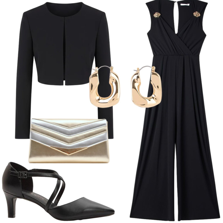 Outfit donna - Total look #2382707. Stile Chic per Serata fuori. Abbinamento con décolleté, orecchini, tute, bolero, pochette.
