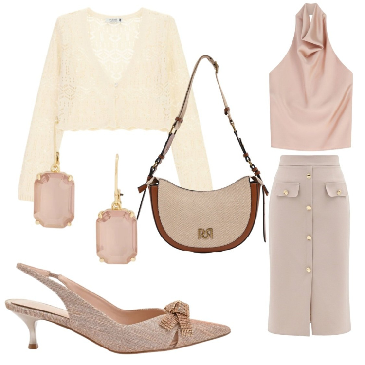 Outfit donna - Colori che illuminano. Stile Casual chic per Ufficio. Abbinamento con cardigans, top, borse a tracolla, gonne longuette, décolleté, orecchini.