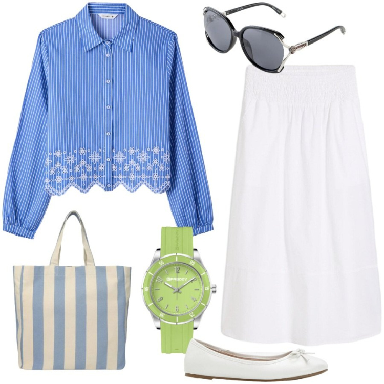 Outfit donna - Domenica pomeriggio. Stile Casual per Tutti i giorni. Abbinamento con ballerine, gonne longuette, occhiali da sole, camicie, shopping bag, orologi.