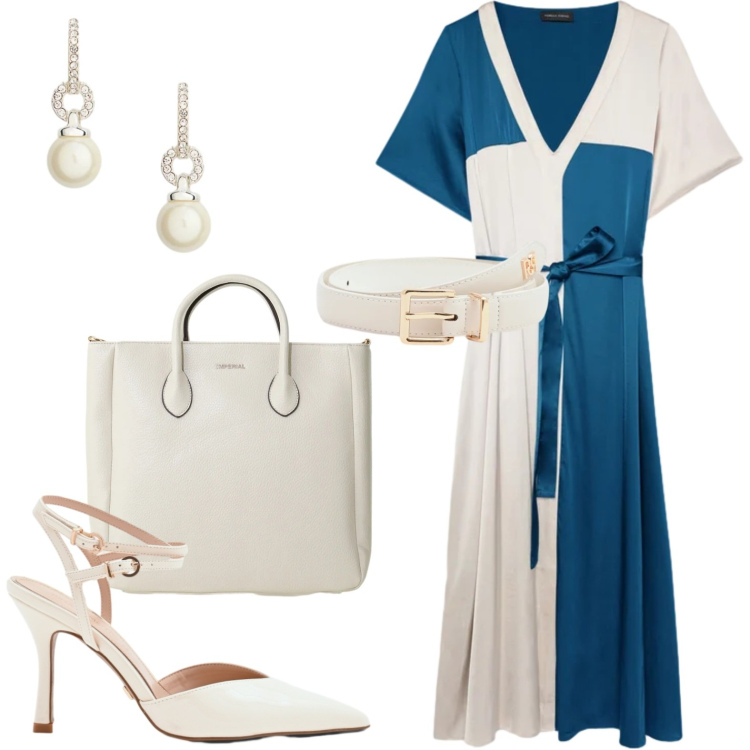 Outfit donna - Azzurro cielo e bianco nuvole. Stile Chic per Cerimonia. Abbinamento con borse a tracolla, vestiti midi/longuette, cinture, décolleté, orecchini.