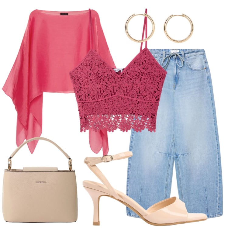 Outfit donna - Top in pizzo colore fragola. Stile Glamour per Serata fuori. Abbinamento con sandali col tacco, orecchini, top, jeans, borse a secchiello, blazer.