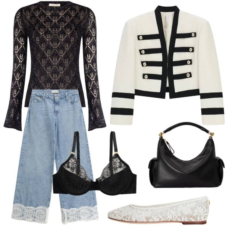 Outfit donna - Stili a contrasto. Stile Trendy per Serata fuori. Abbinamento con blazer, t-shirt, jeans, reggiseni, borse a spalla, ballerine.