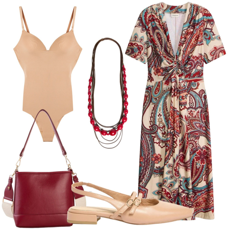 Outfit donna - Abito fantasia con collana. Stile Etnico per Ufficio. Abbinamento con vestiti midi/longuette, borse a tracolla, ballerine, body, collane.