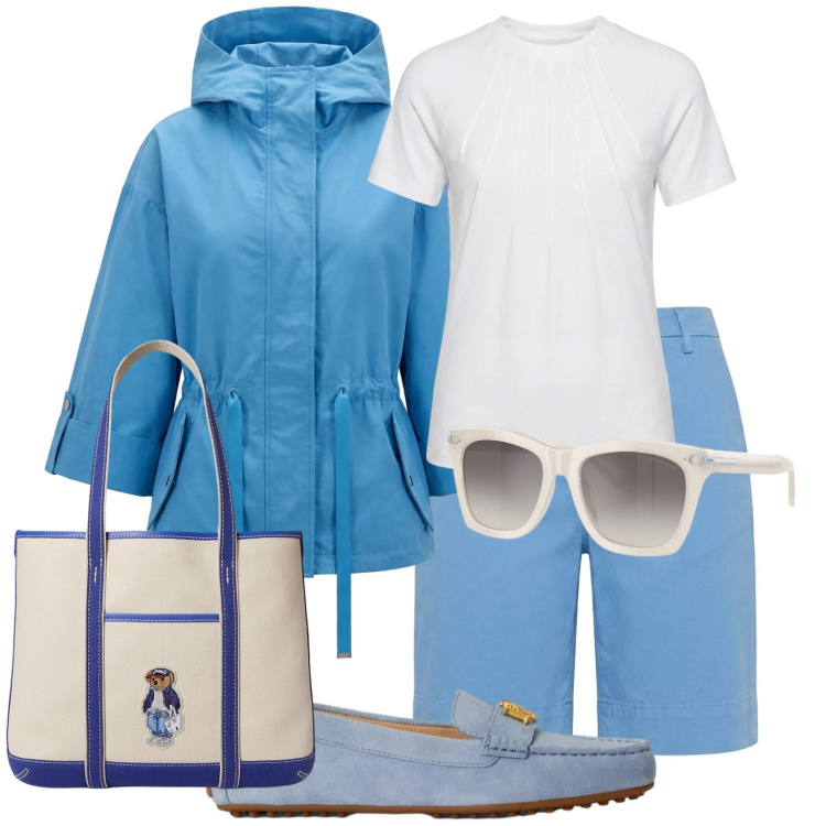 Outfit donna - Barca sto arrivando. Stile Casual per Sport. Abbinamento con caban, t-shirt, bermuda, occhiali da sole, borse tote, mocassini.