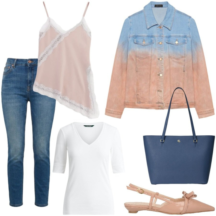 Outfit donna - Pomeriggio con le amiche. Stile Trendy per Tutti i giorni. Abbinamento con ballerine, blazer, jeans, canottiere, t-shirt, borse tote.