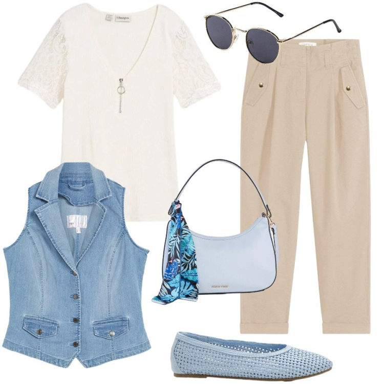 Outfit donna - Cool spring. Stile Casual per Tutti i giorni. Abbinamento con gilet, pantaloni, borse a mano, occhiali da sole, t-shirt, ballerine.