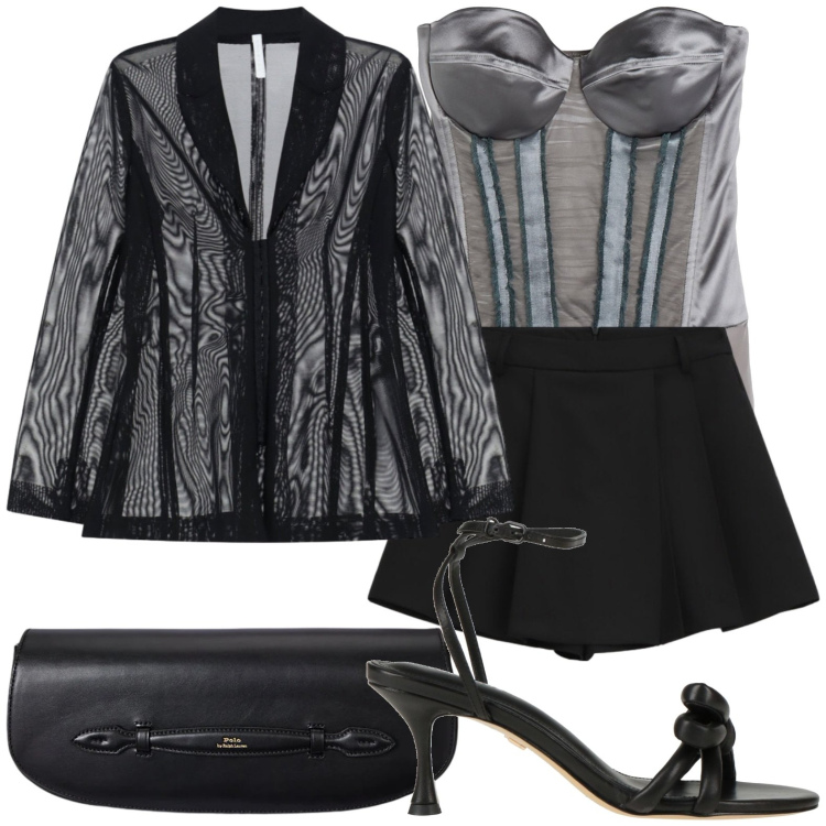 Outfit donna - Stupiamolo. Stile Glamour per Serata fuori. Abbinamento con body, sandali in pelle, blazer, shorts, clutch.