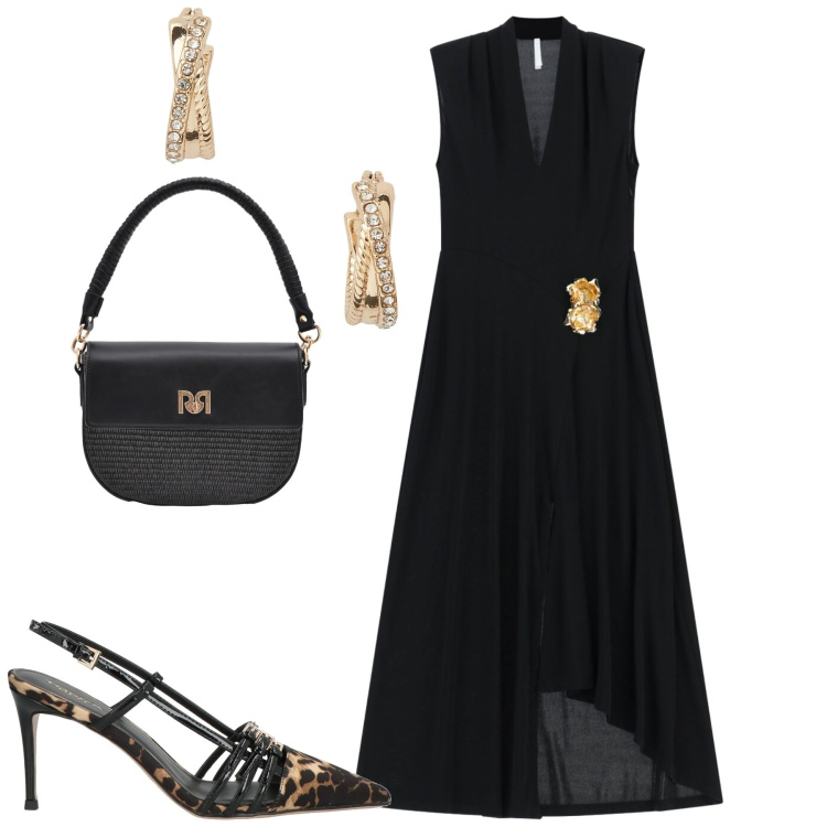 Outfit donna - Serata. Stile Chic per Serata fuori. Abbinamento con décolleté, vestiti midi/longuette, borse a spalla, orecchini.