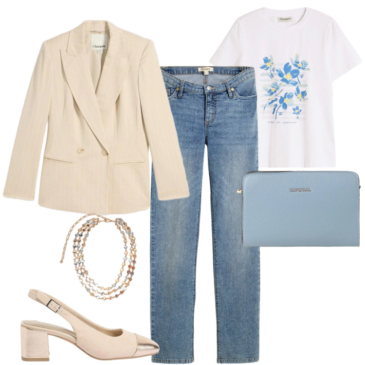 Outfit donna - City. Stile Casual chic per Tutti i giorni. Abbinamento con jeans dritti, t-shirt, blazer, décolleté, borse a tracolla, collane.