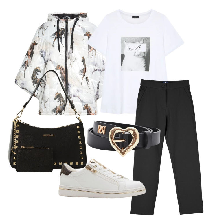 Outfit donna - Aprile. Stile Casual chic per Tutti i giorni. Abbinamento con cappe, sneakers, t-shirt, borse a spalla, pantaloni chino, cinture.