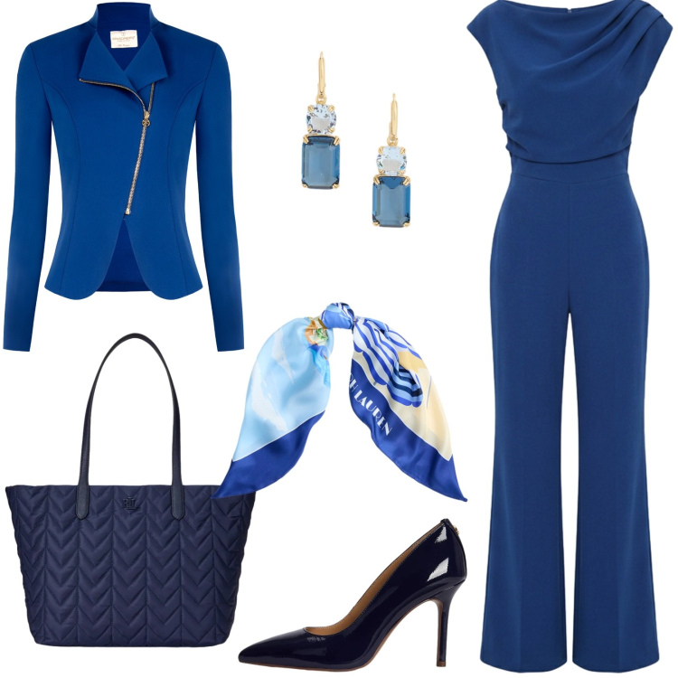 Outfit donna - Rinascimento: eleganza senza limiti. Stile Chic per Ufficio. Abbinamento con tute, blazer, décolleté, borse tote, foulard, orecchini.
