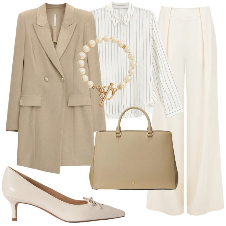 Outfit donna - Meeting di lavoro. Stile Bon Ton per Ufficio. Abbinamento con vestiti corti, camicie, pantaloni a palazzo, décolleté, borse a mano, collane.