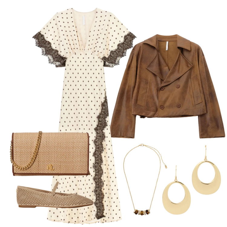 Outfit donna - Aprile. Stile Trendy per Tutti i giorni. Abbinamento con vestiti lunghi, giacche, collane, borse a tracolla, orecchini, ballerine.