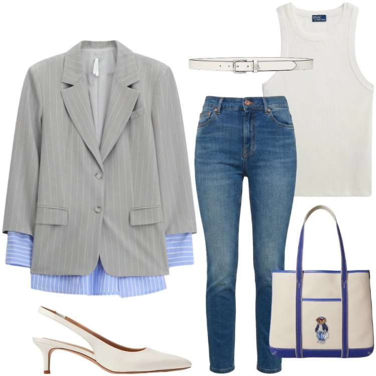 Outfit donna - In ufficio. Stile Casual chic per Ufficio. Abbinamento con jeans, blazer, borse tote, décolleté, cinture, canottiere.