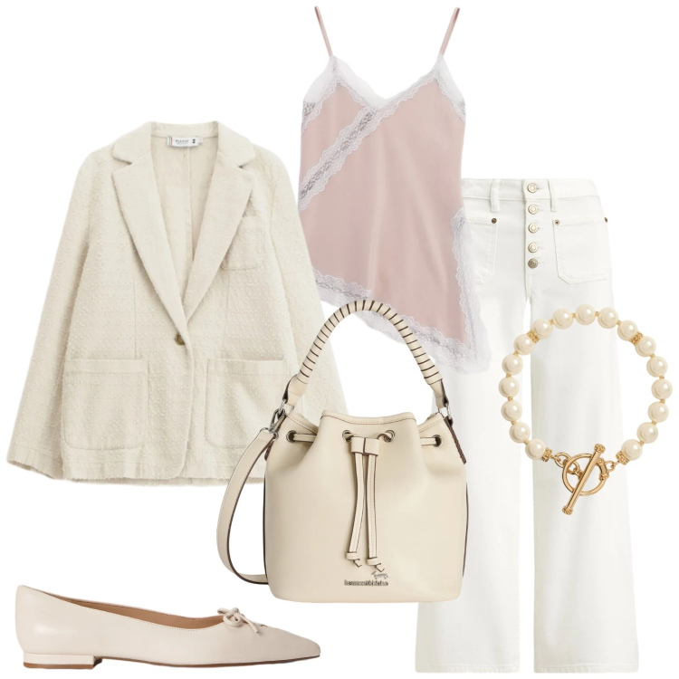 Outfit donna - Elegante tutto il giorno. Stile Casual chic per Tutti i giorni. Abbinamento con canottiere, blazer, borse a secchiello, ballerine, jeans, collane.