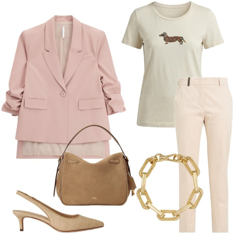 Outfit donna - In ufficio e fuori. Stile Casual chic per Ufficio. Abbinamento con pantaloni, t-shirt, blazer, borse a mano, braccialetti, décolleté.