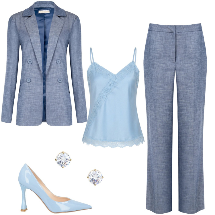 Outfit donna - Rinascimento: eleganza senza limiti. Stile Casual chic per Serata fuori. Abbinamento con décolleté, pantaloni, blazer, top, orecchini.