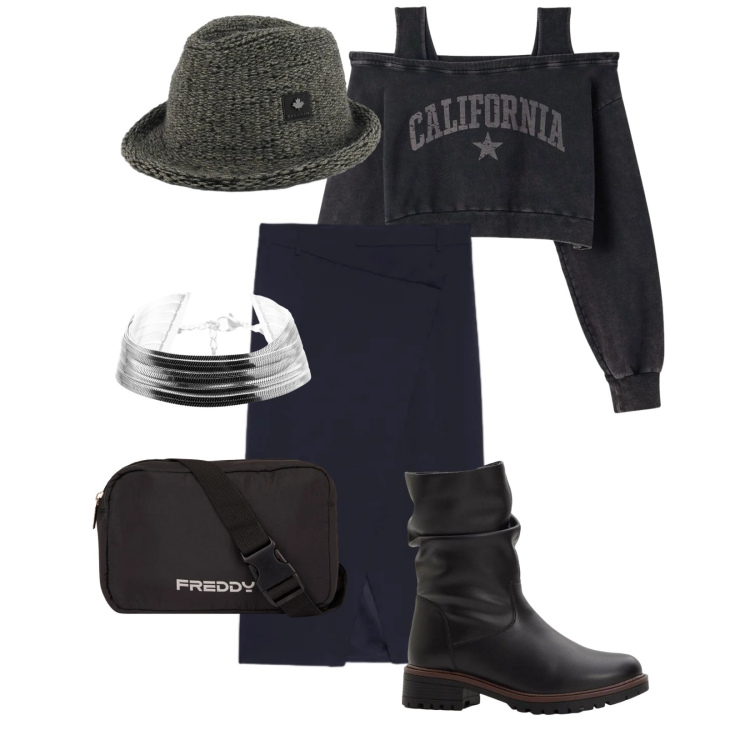 Outfit donna - Street Dark. Stile Urban per Tutti i giorni. Abbinamento con stivali, felpe, gonne longuette, braccialetti, borse a tracolla, cappelli.
