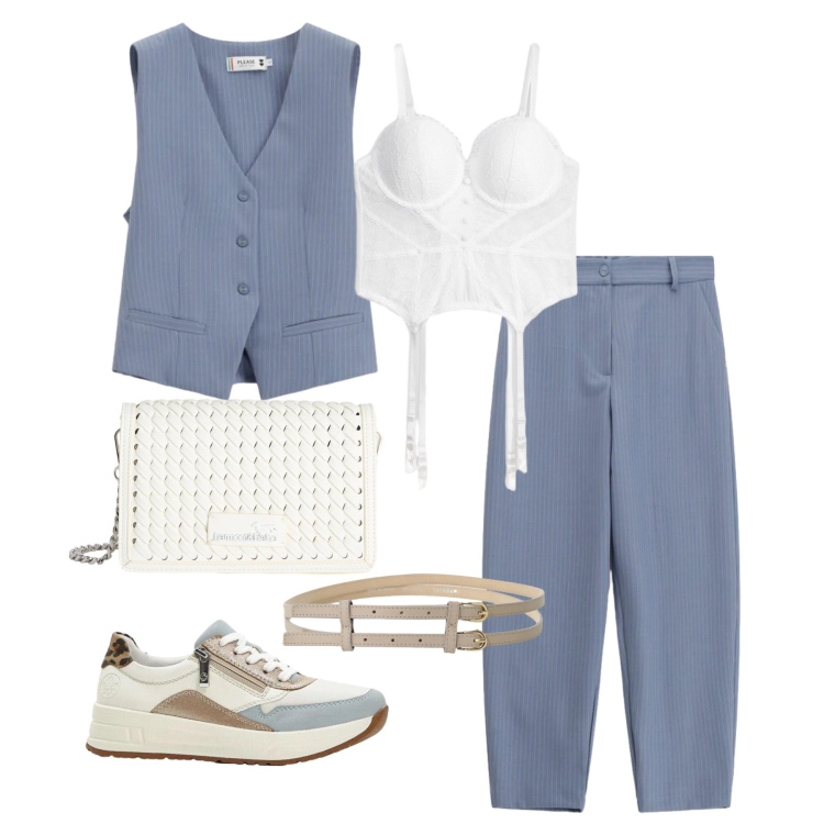 Outfit donna - Aprile. Stile Trendy per Tutti i giorni. Abbinamento con sneakers, body, cinture, pantaloni, gilet, borse a tracolla.