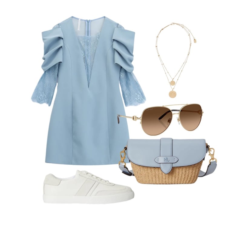 Outfit donna - Aprile. Stile Trendy per Tutti i giorni. Abbinamento con vestiti corti, ciondoli, occhiali da sole, sneakers, borse a spalla.