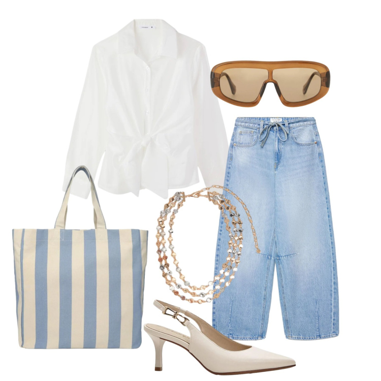 Outfit donna - Aprile. Stile Basic per Tutti i giorni. Abbinamento con décolleté, shopping bag, jeans, camicie, collane, occhiali da sole.