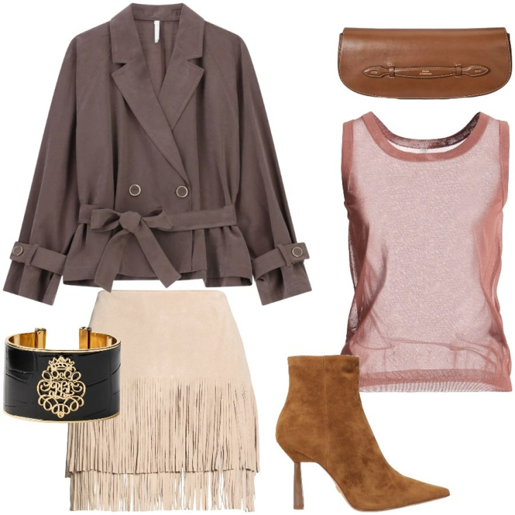Outfit donna - A cena fuori. Stile Trendy per Serata fuori. Abbinamento con minigonne, stivaletti, top, blazer, clutch, braccialetti.