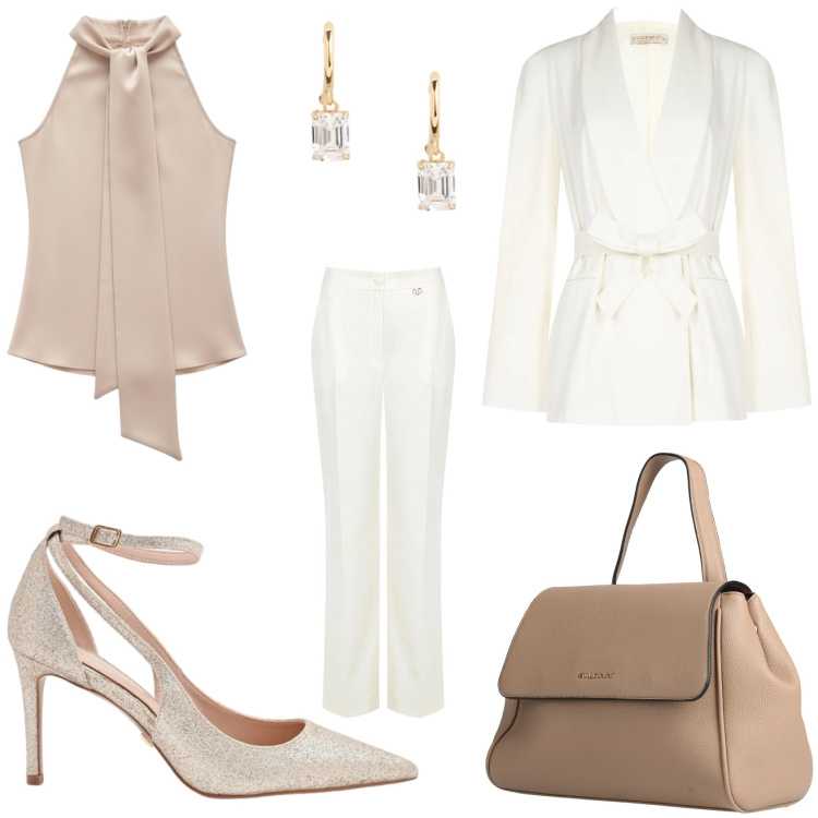 Outfit donna - Tailleur Rinascimento :Avorio e Beige. Stile Chic per Cerimonia. Abbinamento con zaini, blazer, top, pantaloni a palazzo, décolleté, orecchini.