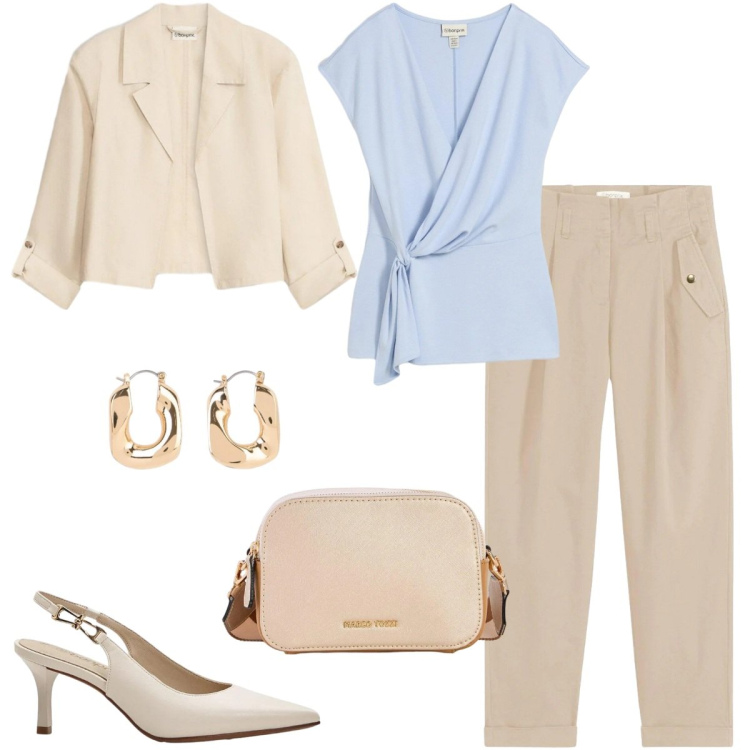 Outfit donna - Bonprix - Cool Spring. Stile Casual chic per Tutti i giorni. Abbinamento con pantaloni, borse a tracolla, décolleté, blazer, canottiere, orecchini.