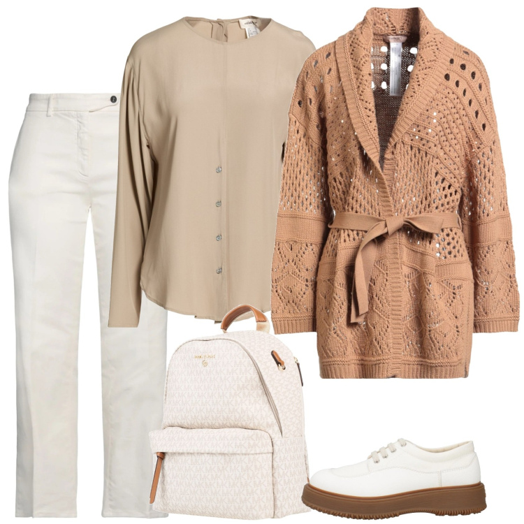 Outfit donna - Stratificazione. Stile Casual per Tutti i giorni. Abbinamento con cardigans, scarpe stringate, camicie, jeans dritti, zaini.