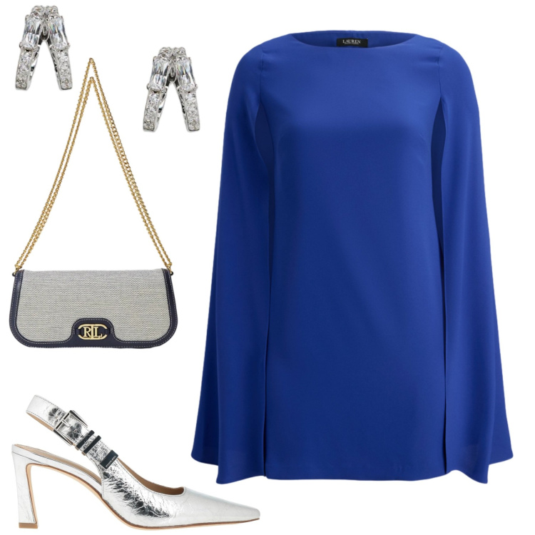 Outfit donna - Abito mantella. Stile Chic per Cerimonia. Abbinamento con décolleté, borse a spalla, orecchini, vestiti.