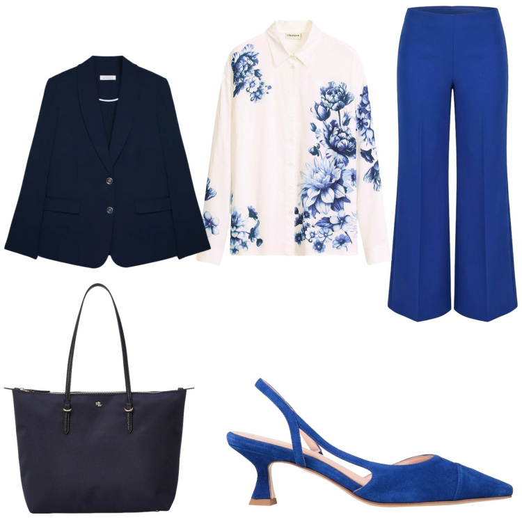 Outfit donna - Nel blu dipinto di blu. Stile Bon Ton per Tutti i giorni. Abbinamento con décolleté, camicie, blazer, pantaloni a palazzo, borse tote.