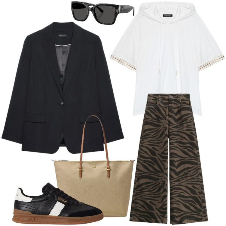 Outfit donna - Shopping con stile. Stile Urban per Tutti i giorni. Abbinamento con pantaloni a palazzo, blazer, t-shirt, occhiali da sole, sneakers, borse tote.