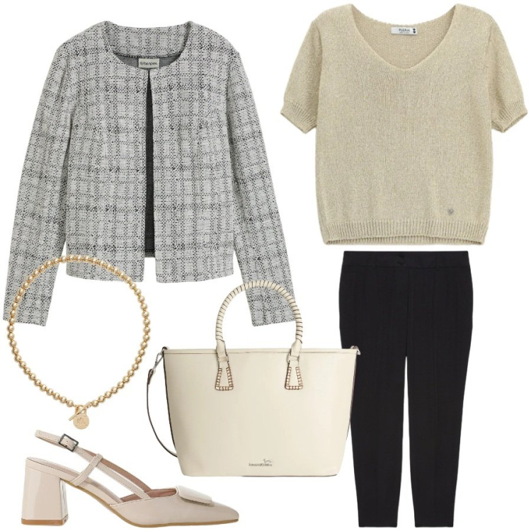 Outfit donna - Bon ton in ufficio. Stile Bon Ton per Ufficio. Abbinamento con cardigans, pantaloni, maglieria, shopping bag, décolleté, collane.