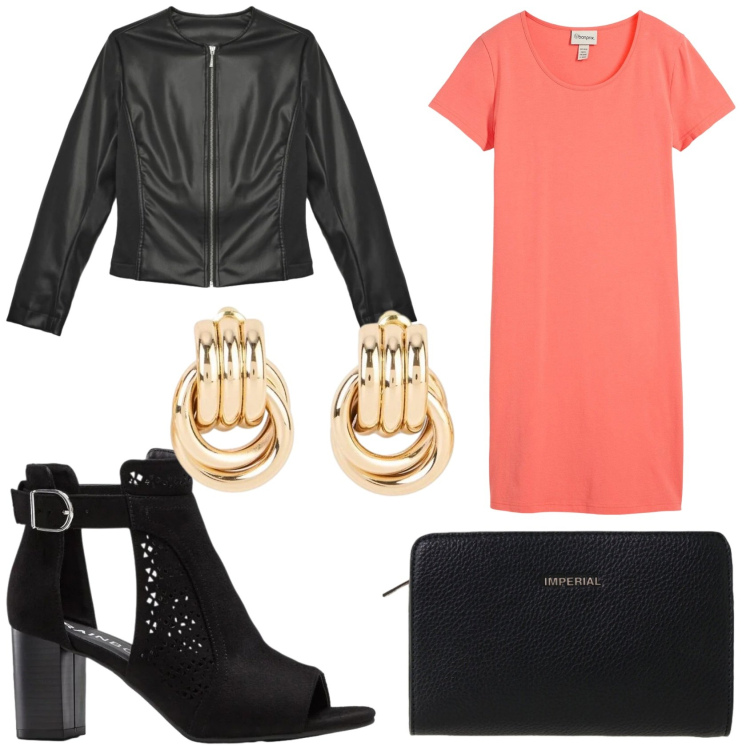 Outfit donna - L\'abito pesca. Stile Casual per Tutti i giorni. Abbinamento con vestiti, sandali col tacco, orecchini, giacche, borse a tracolla.
