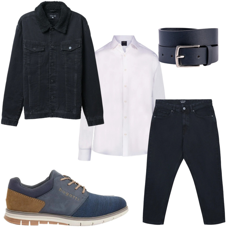 Outfit uomo - Street pop. Stile Trendy per Tutti i giorni. Abbinamento con scarpe stringate, jeans dritti, giacche, camicie, cinture.