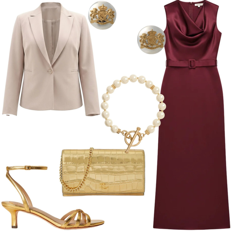 Outfit donna - Chic. Stile Chic per Cerimonia. Abbinamento con vestiti lunghi, blazer, orecchini, collane, sandali in pelle, borse a tracolla.