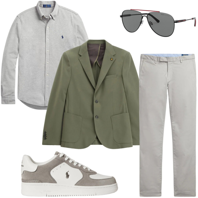 Outfit uomo - Essenziale. Stile Casual per Tutti i giorni. Abbinamento con giacche, camicie, pantaloni, sneakers, occhiali da sole.