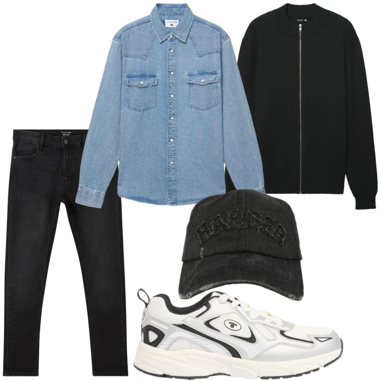 Outfit uomo - Denim dinamico. Stile Casual per Tutti i giorni. Abbinamento con sneakers, jeans skinny, cardigans, camicie, cappelli con visiera.