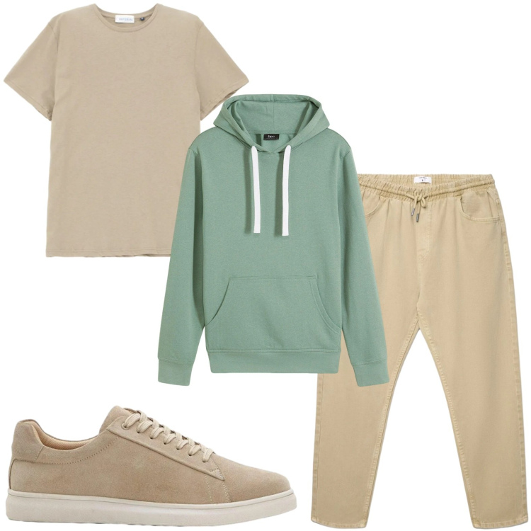 Outfit uomo - Trendy rilassato. Stile Trendy per Tutti i giorni. Abbinamento con felpe con cappuccio, sneakers, pantaloni, t-shirt.