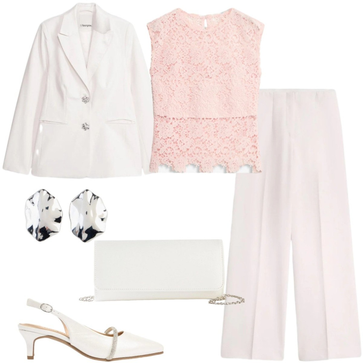 Outfit donna - Bonprix - Cool Spring. Stile Chic per Cerimonia. Abbinamento con pantaloni, blazer, orecchini, décolleté, pochette, canottiere.