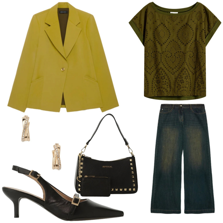 Outfit donna - Look Metropolitano. Stile Urban per Tutti i giorni. Abbinamento con t-shirt, jeans, blazer, sandali col tacco, borse a spalla, orecchini.